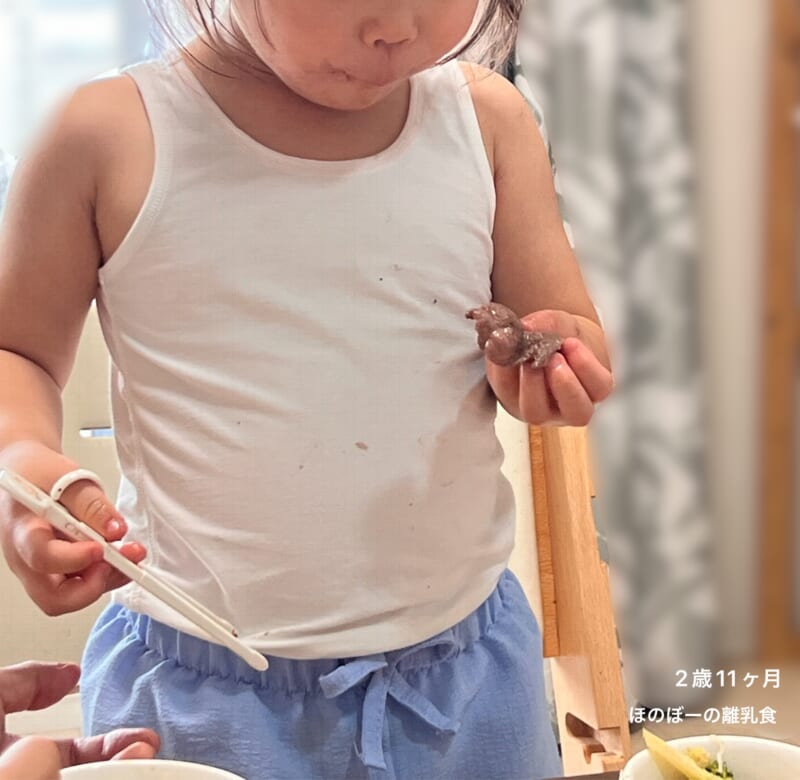 2歳11か月の娘が練習用のお箸を持ちながら、もう片方の手で手づかみ食べする様子