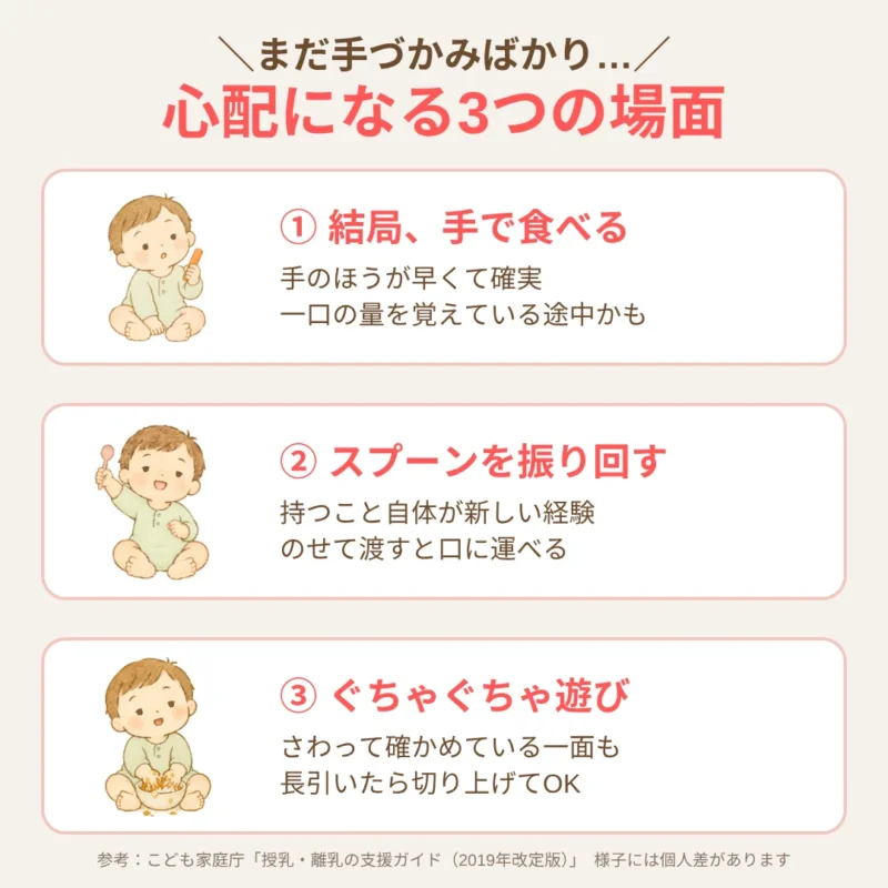 手づかみ食べで心配になる3つの場面（スプーンを渡しても手で食べる・スプーンを振り回す・ぐちゃぐちゃにして遊ぶ）