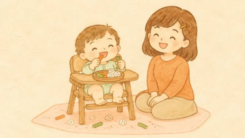 床にシートを敷いた食卓で手づかみ食べする赤ちゃんと見守るママのイラスト