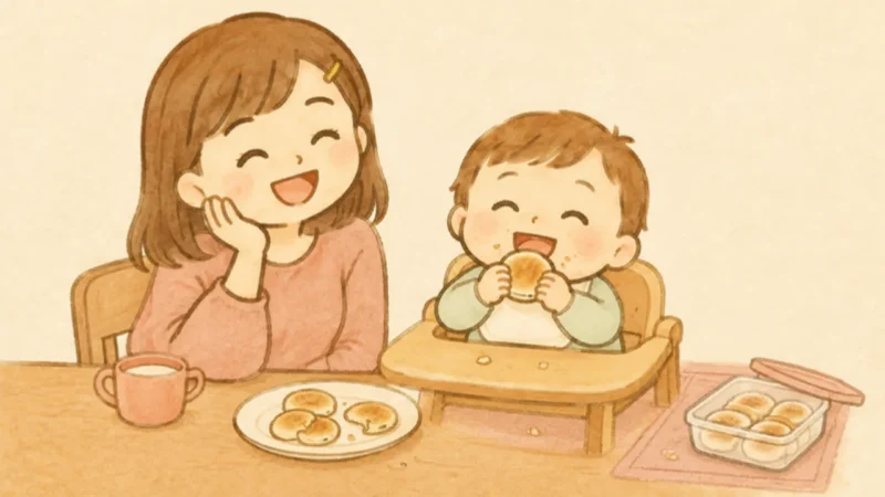 冷凍ストックのおやきと、シートを敷いた食卓で手づかみ食べする赤ちゃんを見守るママのイラスト