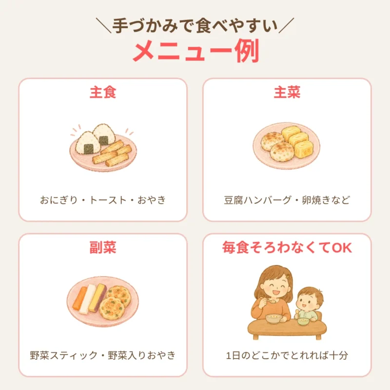 手づかみメニュー例の一覧（主食：おにぎり・トースト・おやき／主菜：豆腐ハンバーグ・魚のおやき・卵焼き／副菜：野菜スティック・野菜入りおやき）