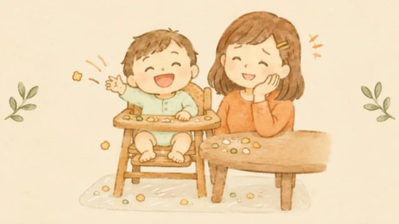 ハイチェアで食べ物を投げて笑う赤ちゃんと、やさしく見守るママのイラスト