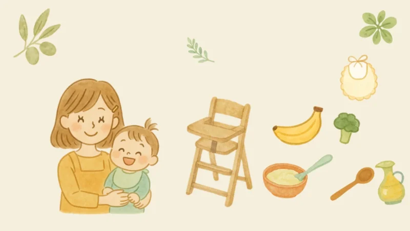 ハイチェアやおかゆが並ぶ手づかみ食べの食卓とママと赤ちゃんのイラスト