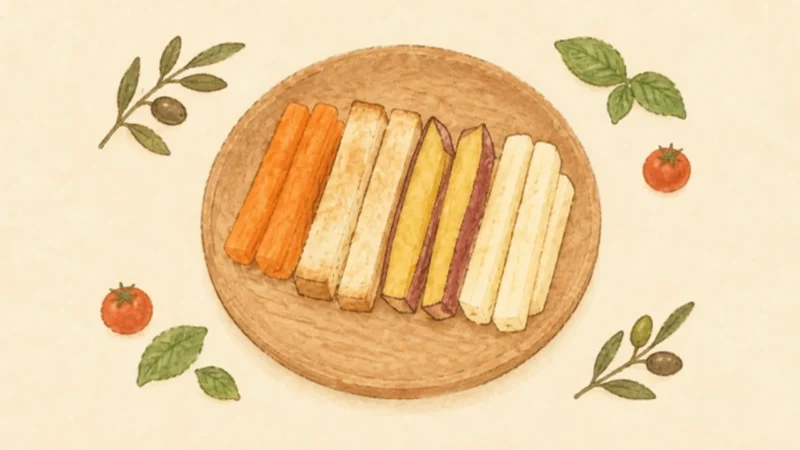にんじん・食パン・さつまいも・バナナのスティックが並ぶ、手づかみしやすい食材のお皿